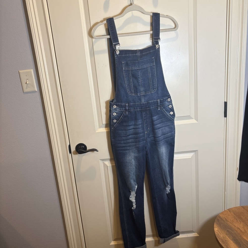 KanCan Dark Blue Distressed Denim Overalls Jumpsuit